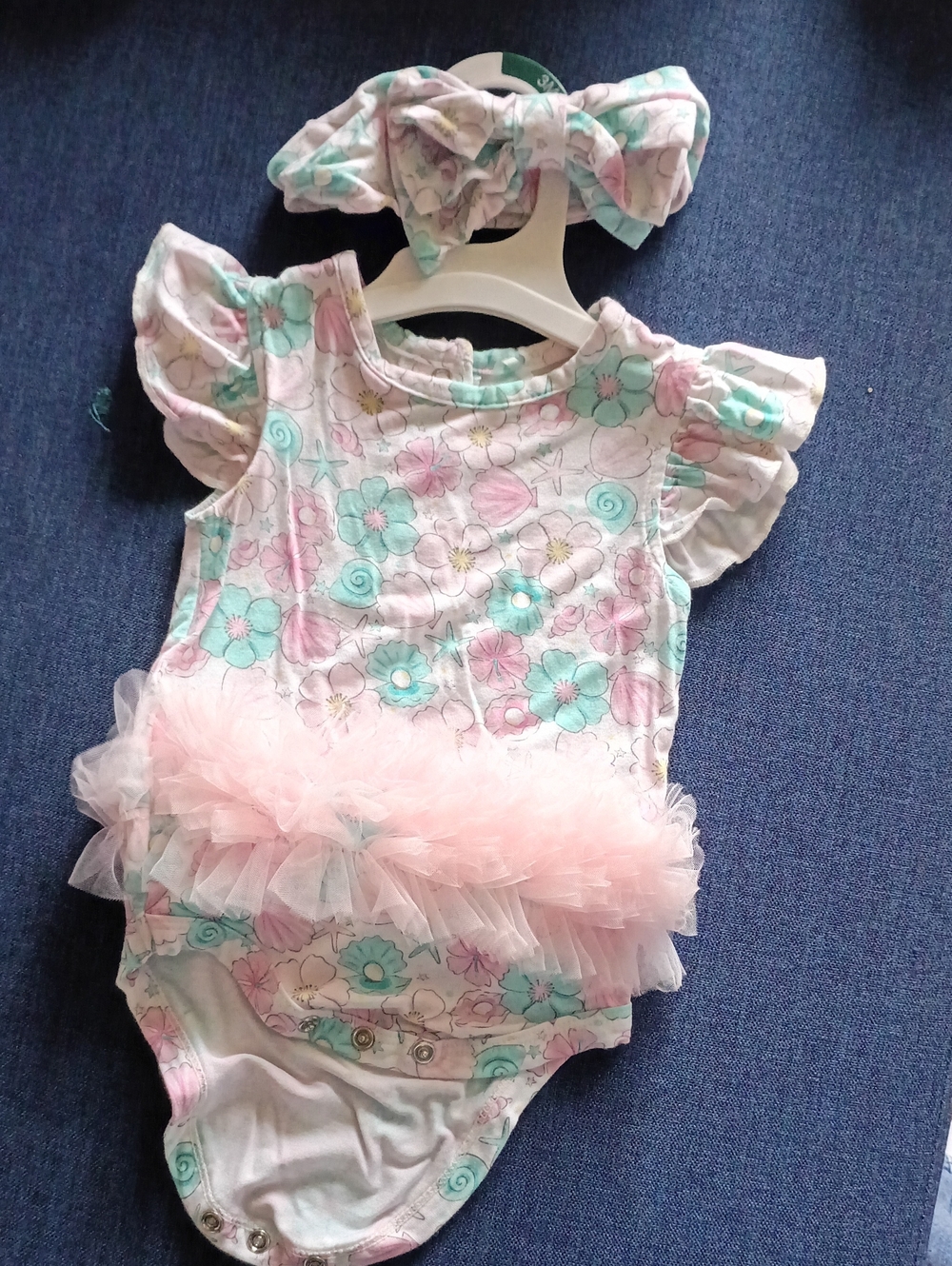 Toddler Floral Tutu One-Piece Bodysuit with Headband - Pink & Mint